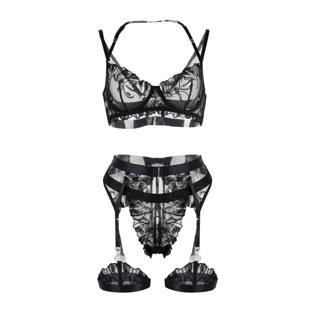 Lace Bra Embroidery Garter Panty Sets Transparent Erotic Costumes Lingerie Set Underwear Porn Sexy Lingerie For Women Intimate