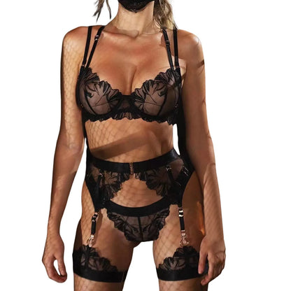 Lace Bra Embroidery Garter Panty Sets Transparent Erotic Costumes Lingerie Set Underwear Porn Sexy Lingerie For Women Intimate