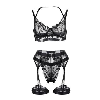 Lace Bra Embroidery Garter Panty Sets Transparent Erotic Costumes Lingerie Set Underwear Porn Sexy Lingerie For Women Intimate